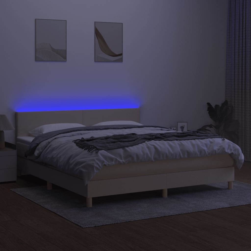 vidaXL Κρεβάτι Boxspring με Στρώμα & LED Κρεμ 180x200 εκ. Υφασμάτινο