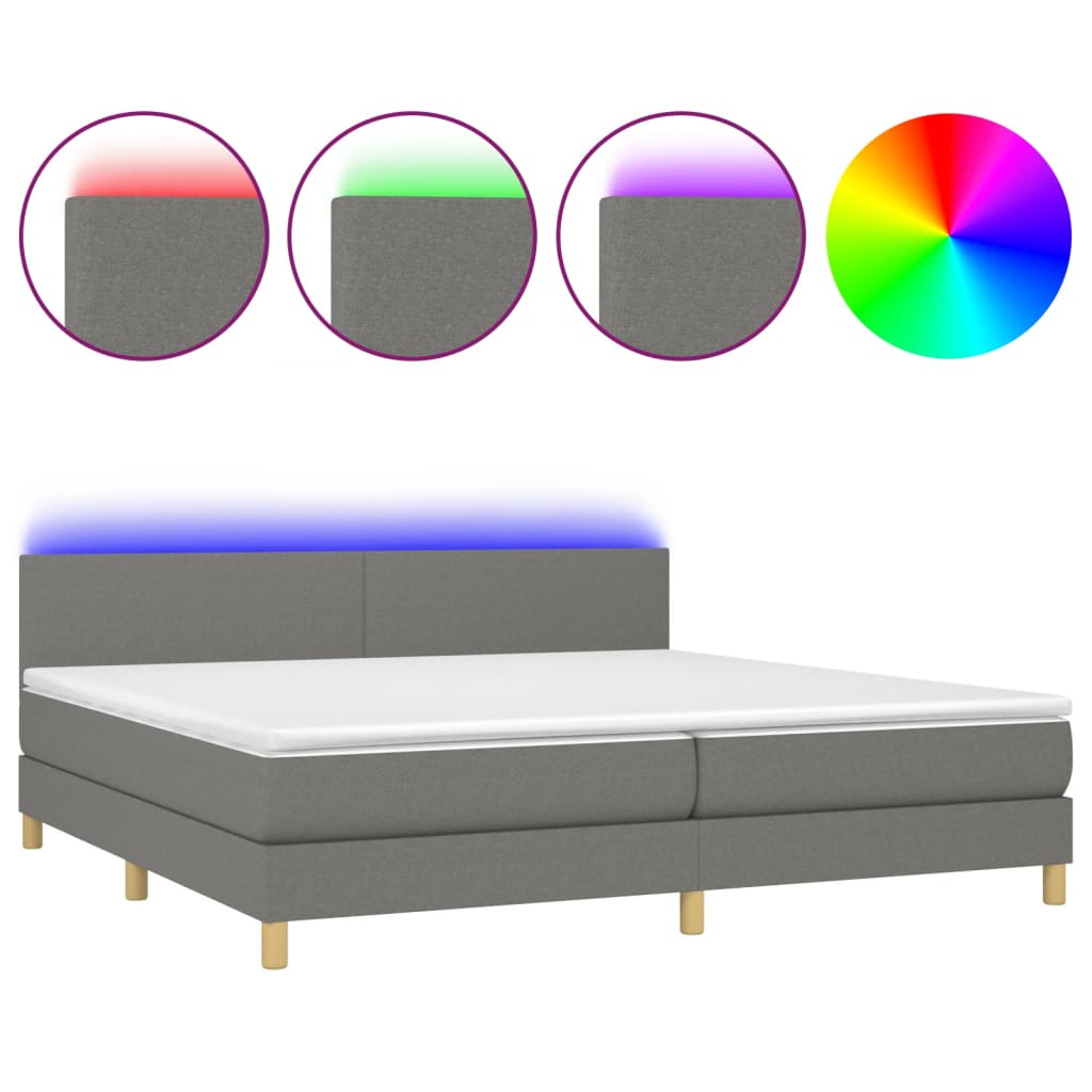 vidaXL Κρεβάτι Boxspring με Στρώμα & LED Σκ.Γκρι 200x200εκ. Υφασμάτινο