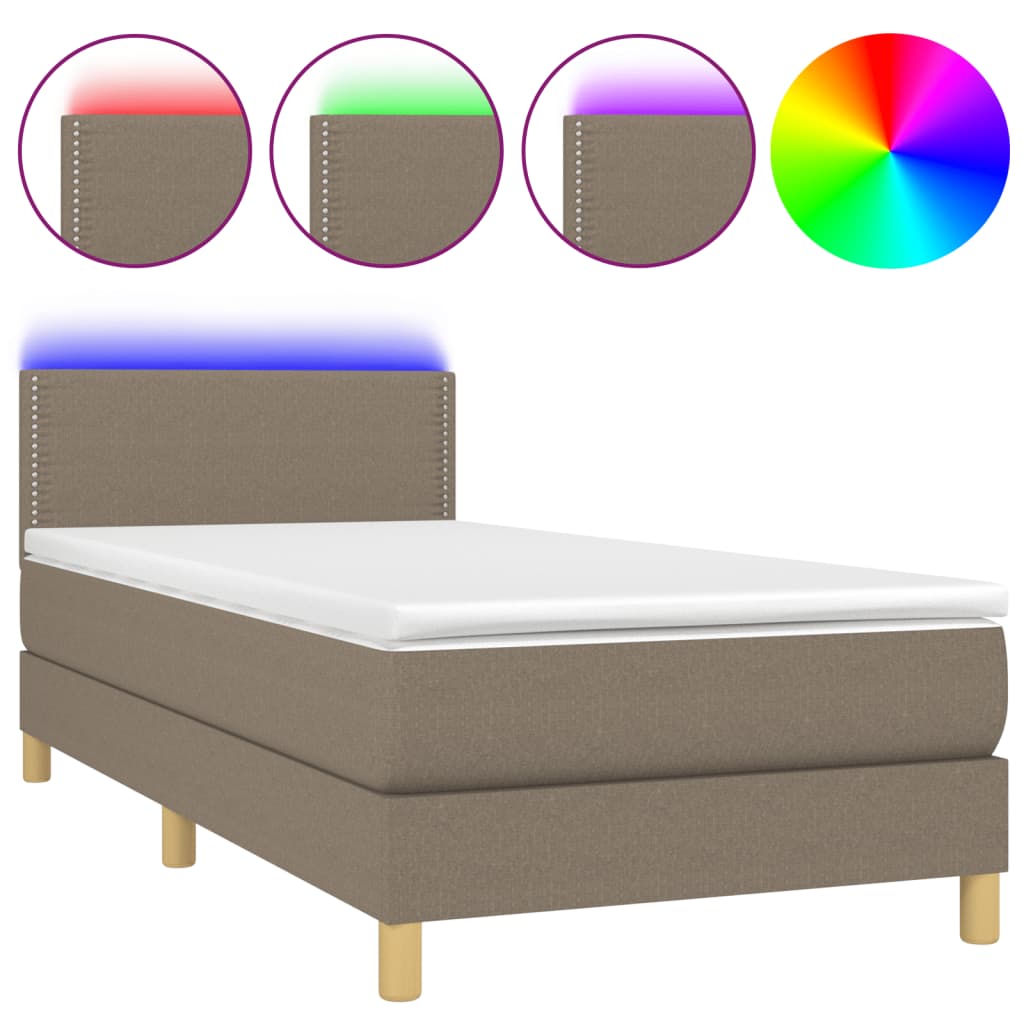 vidaXL Κρεβάτι Boxspring με Στρώμα & LED Taupe 90x200 εκ. Υφασμάτινο