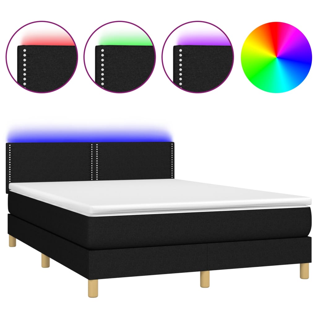 vidaXL Κρεβάτι Boxspring με Στρώμα & LED Μαύρο 140x190 εκ. Υφασμάτινο