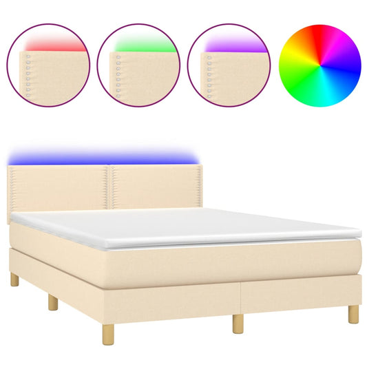 vidaXL Κρεβάτι Boxspring με Στρώμα & LED Κρεμ 140x190 εκ. Υφασμάτινο