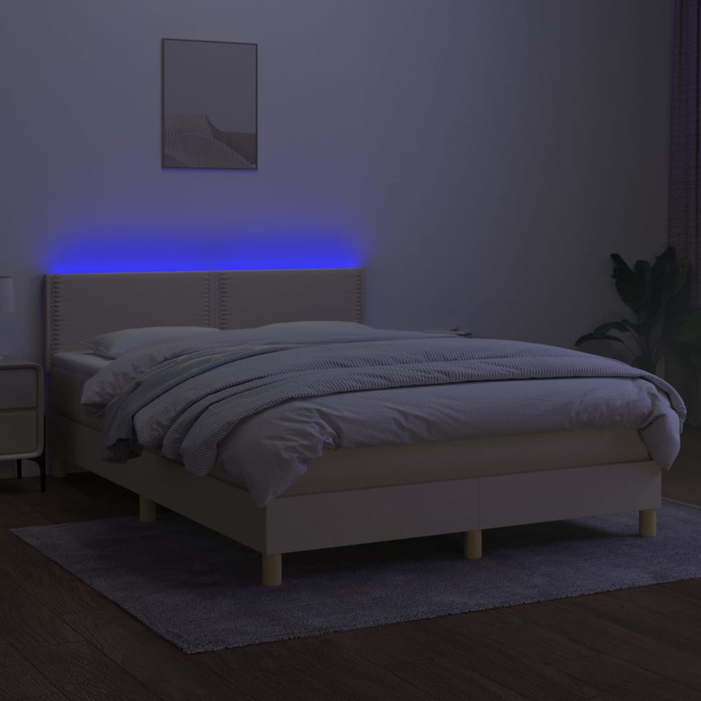 vidaXL Κρεβάτι Boxspring με Στρώμα & LED Κρεμ 140x190 εκ. Υφασμάτινο