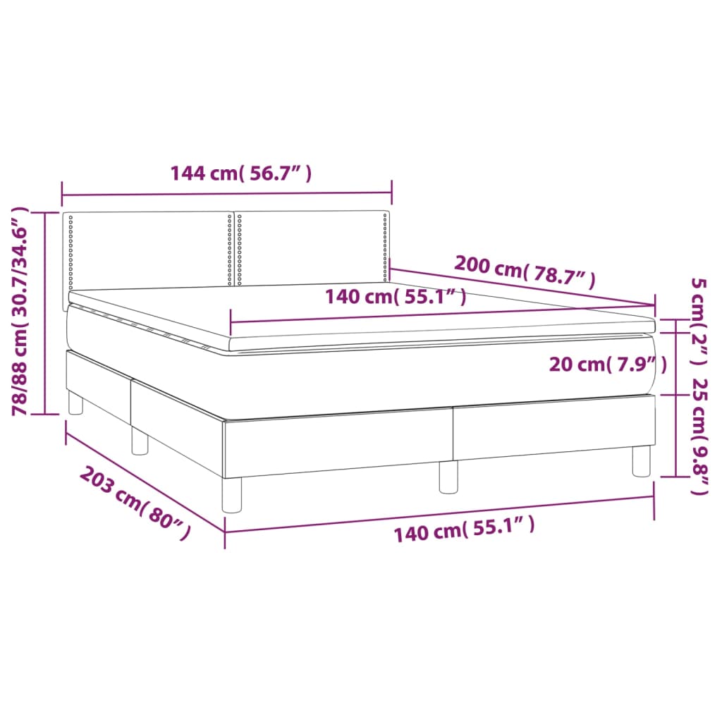 vidaXL Κρεβάτι Boxspring με Στρώμα & LED Μαύρο 140x200 εκ. Υφασμάτινο