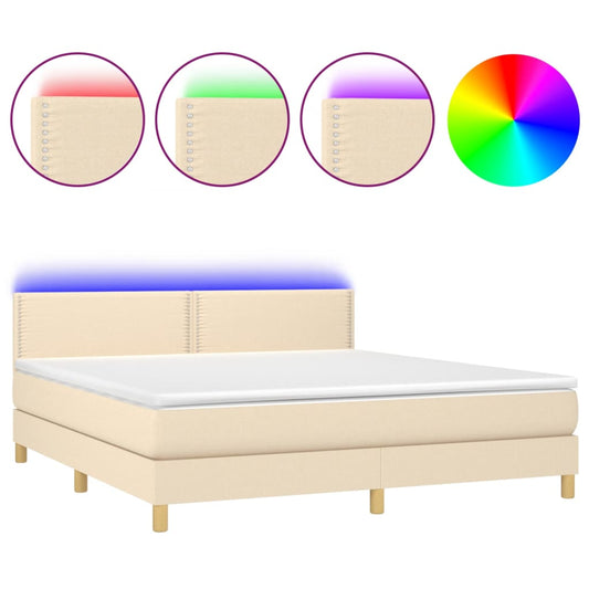 vidaXL Κρεβάτι Boxspring με Στρώμα & LED Κρεμ 180x200 εκ. Υφασμάτινο