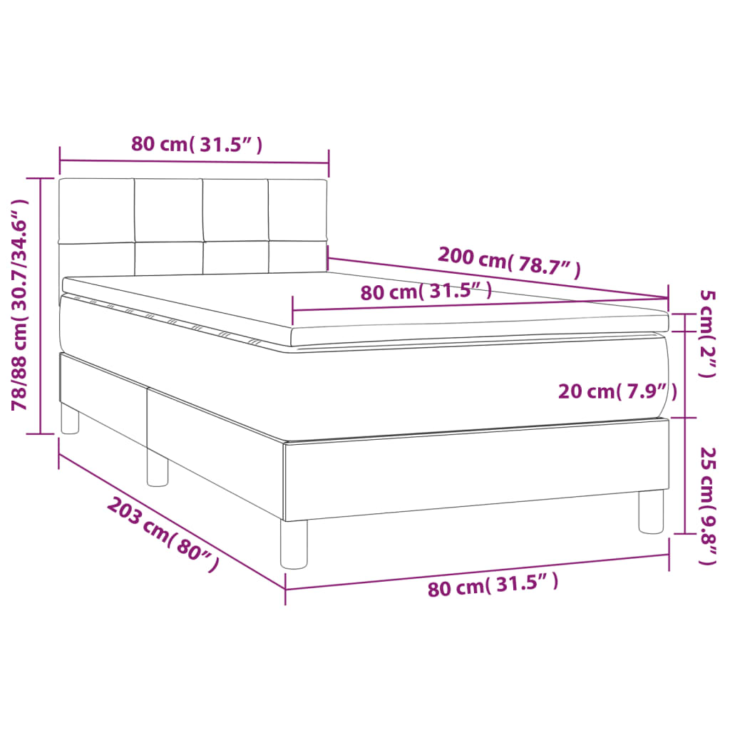 vidaXL Κρεβάτι Boxspring με Στρώμα & LED Αν.Γκρι 80x200 εκ. Υφασμάτινο