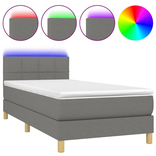 vidaXL Κρεβάτι Boxspring με Στρώμα & LED Σκ.Γκρι 90x200 εκ. Υφασμάτινο
