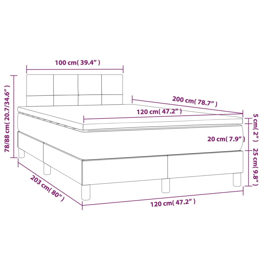 vidaXL Κρεβάτι Boxspring με Στρώμα & LED Μαύρο 120x200 εκ. Υφασμάτινο