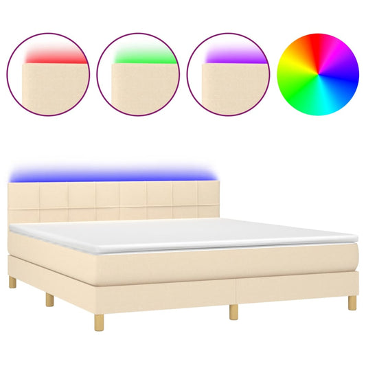 vidaXL Κρεβάτι Boxspring με Στρώμα & LED Κρεμ 180x200 εκ. Υφασμάτινο