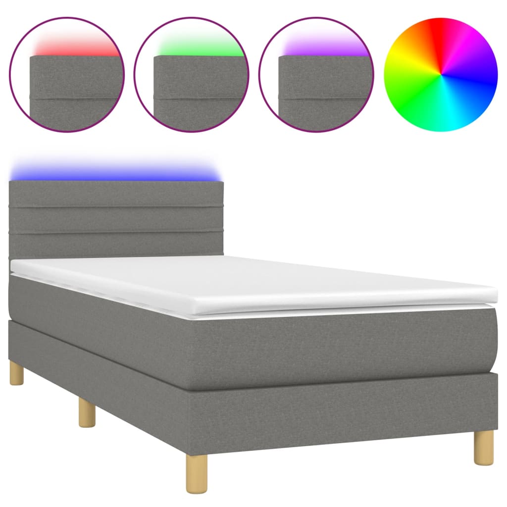 vidaXL Κρεβάτι Boxspring με Στρώμα & LED Σκ.Γκρι 90x190 εκ. Υφασμάτινο
