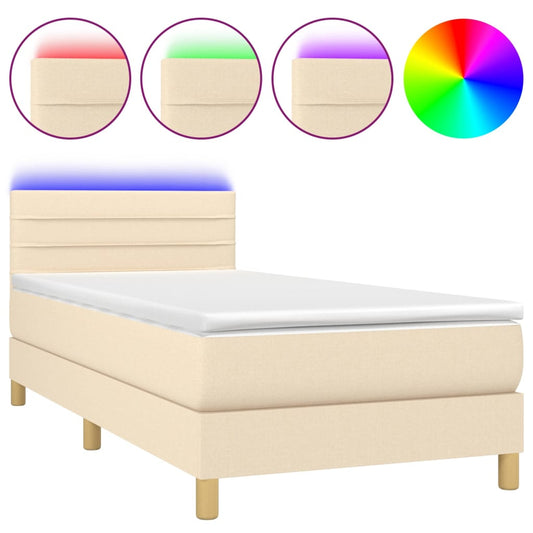 vidaXL Κρεβάτι Boxspring με Στρώμα & LED Κρεμ 100x200 εκ. Υφασμάτινο