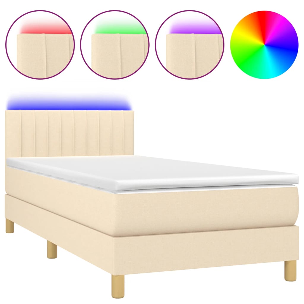 vidaXL Κρεβάτι Boxspring με Στρώμα & LED Κρεμ 90x190 εκ. Υφασμάτινο