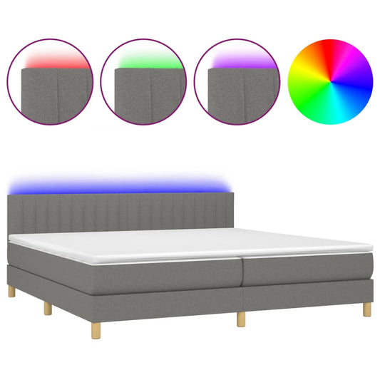 vidaXL Κρεβάτι Boxspring με Στρώμα & LED Σκ.Γκρι 200x200εκ. Υφασμάτινο