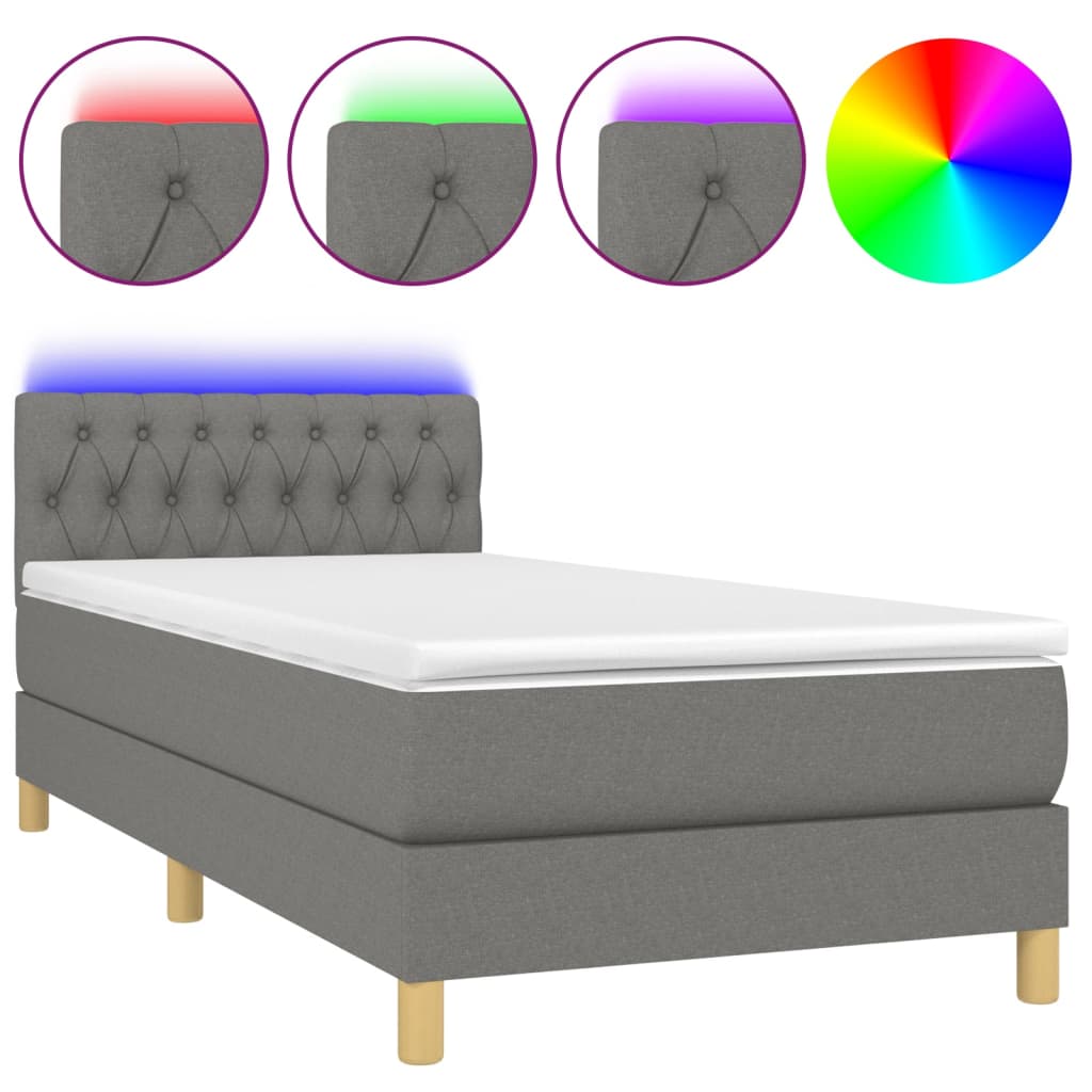 vidaXL Κρεβάτι Boxspring με Στρώμα & LED Σκ.Γκρι 100x200 εκ Υφασμάτινο