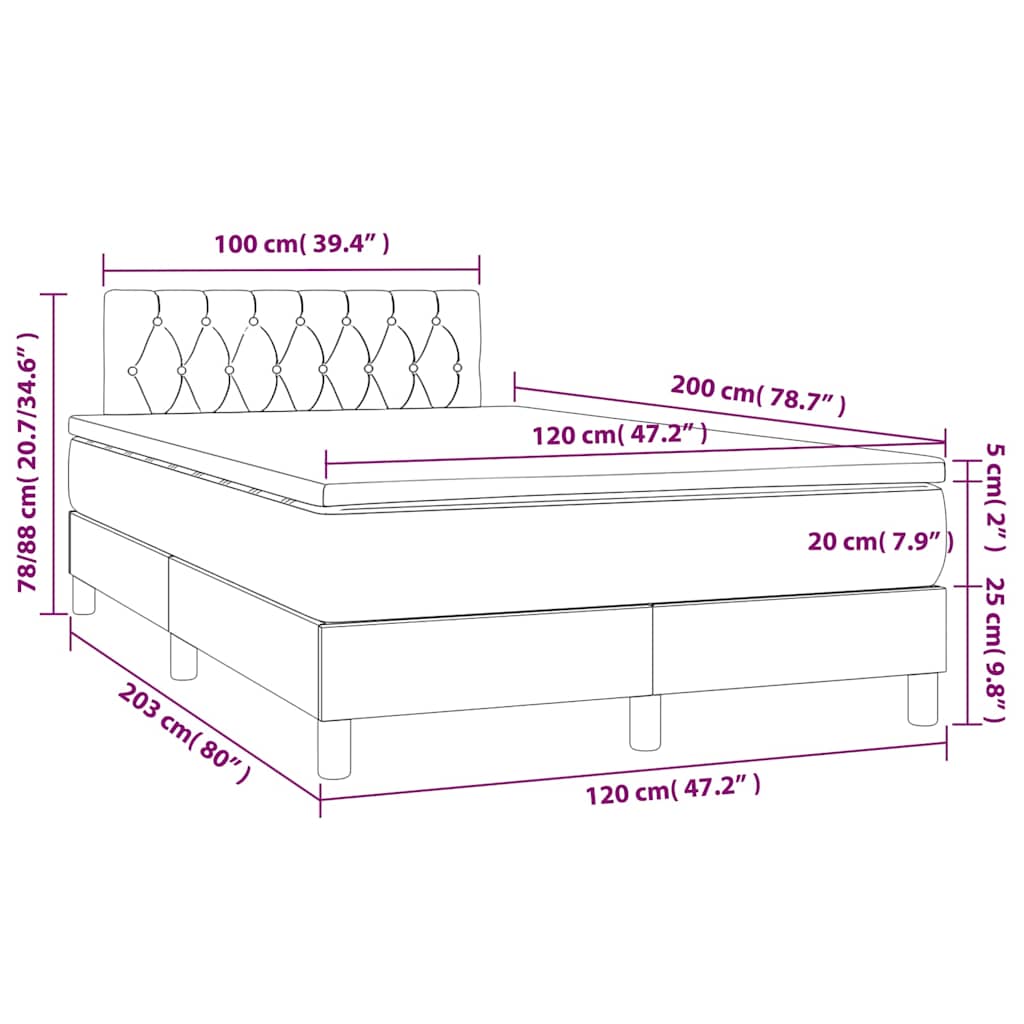 vidaXL Κρεβάτι Boxspring με Στρώμα & LED Μαύρο 120x200 εκ. Υφασμάτινο