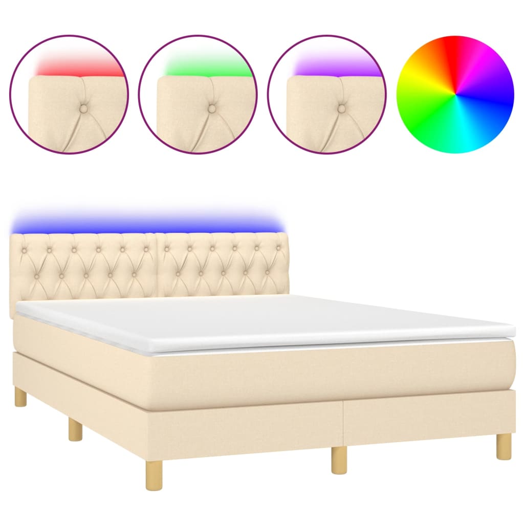 vidaXL Κρεβάτι Boxspring με Στρώμα & LED Κρεμ 140x190 εκ. Υφασμάτινο