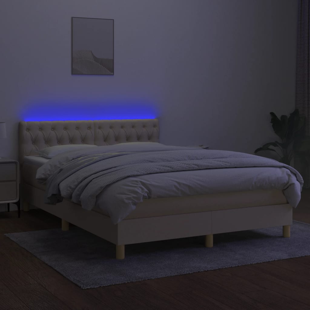 vidaXL Κρεβάτι Boxspring με Στρώμα & LED Κρεμ 140x200 εκ. Υφασμάτινο