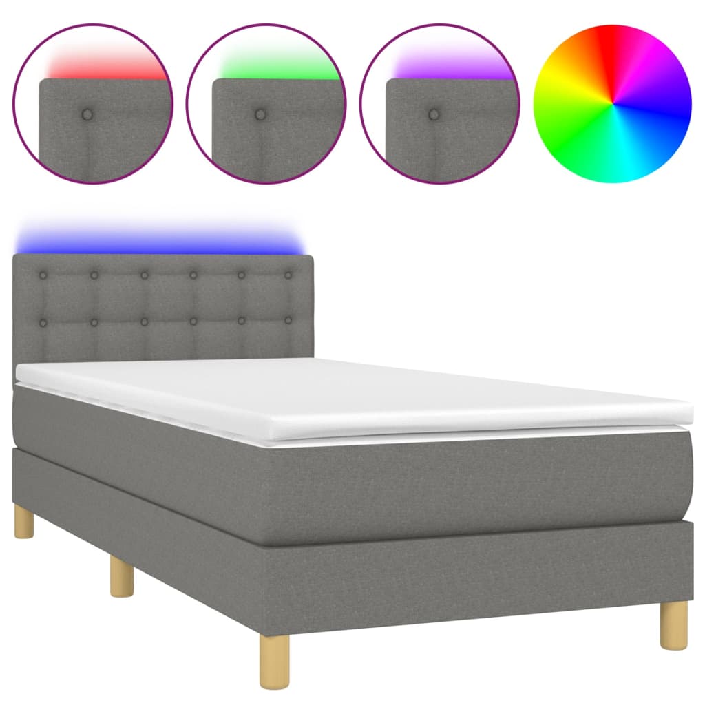vidaXL Κρεβάτι Boxspring με Στρώμα & LED Σκ.Γκρι 80x200 εκ. Υφασμάτινο