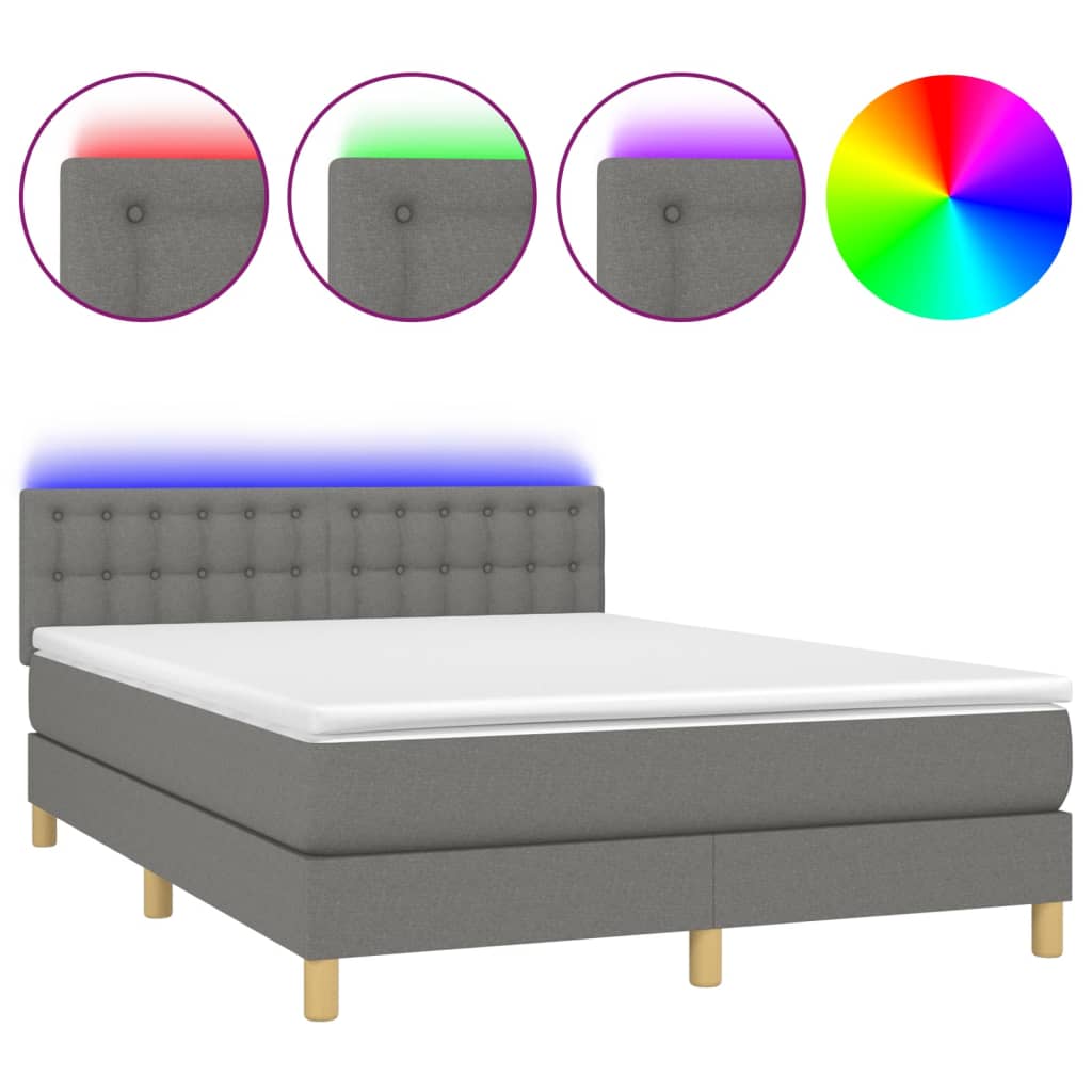 vidaXL Κρεβάτι Boxspring με Στρώμα & LED Σκ.Γκρι 140x200 εκ Υφασμάτινο