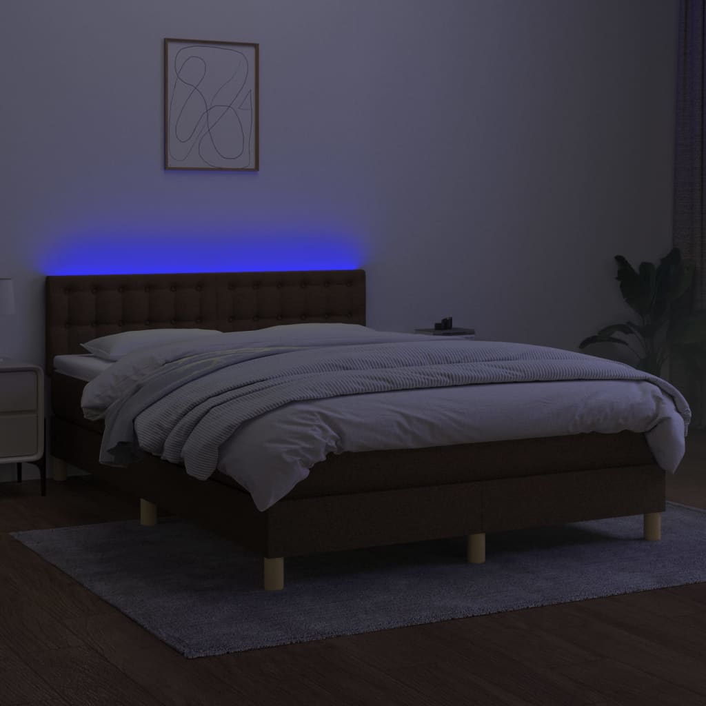 vidaXL Κρεβάτι Boxspring με Στρώμα & LED Σκ.Καφέ 140x200 εκ Υφασμάτινο