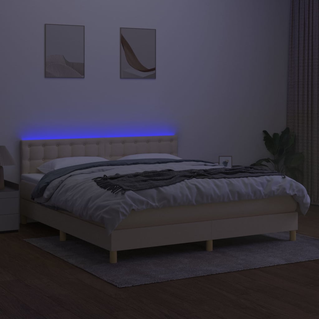 vidaXL Κρεβάτι Boxspring με Στρώμα & LED Κρεμ 160x200 εκ. Υφασμάτινο