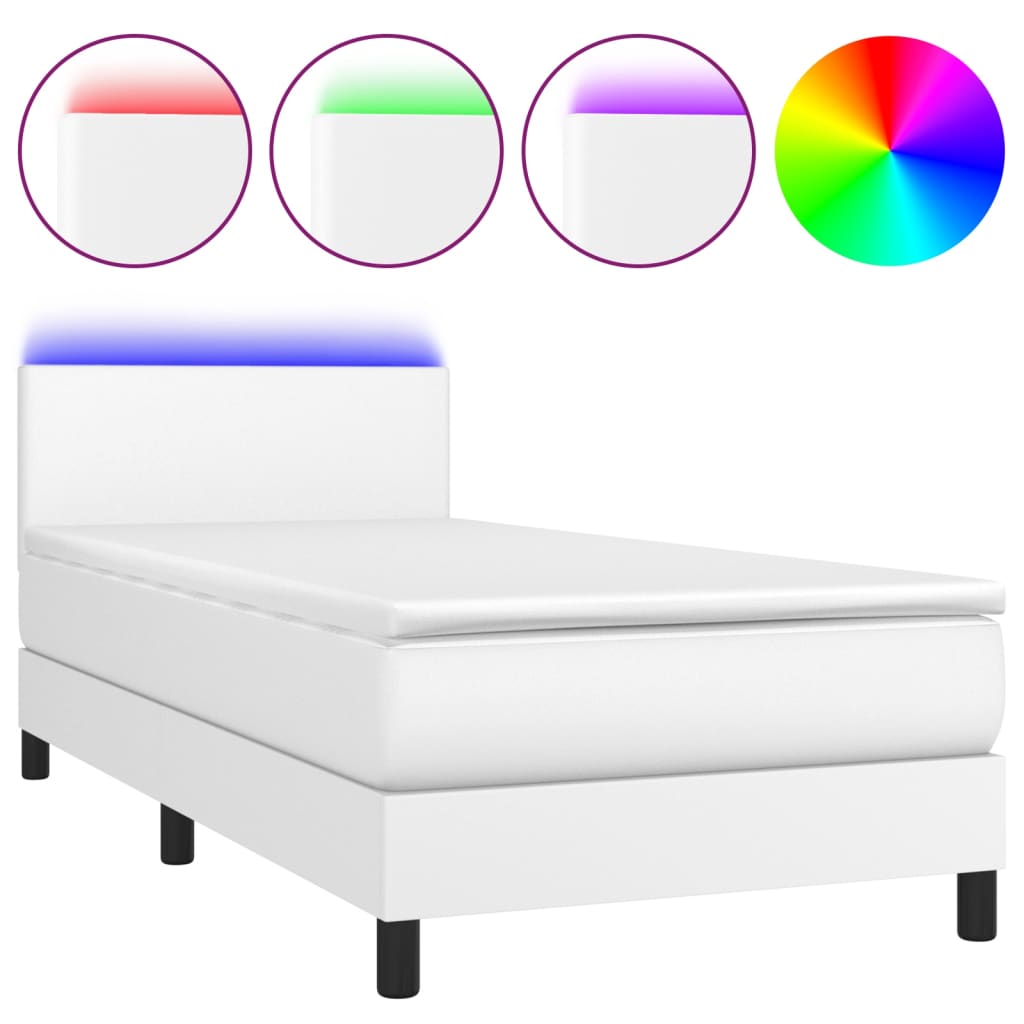 vidaXL Κρεβάτι Boxspring με Στρώμα & LED Λευκό 90x190 εκ. Συνθ. Δέρμα