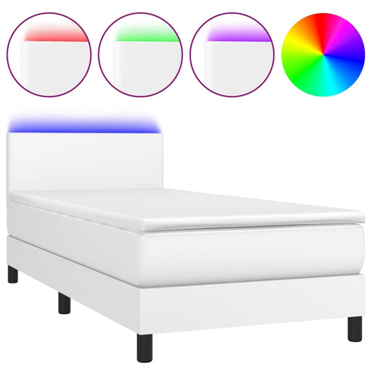 vidaXL Κρεβάτι Boxspring με Στρώμα & LED Λευκό 90x190 εκ. Συνθ. Δέρμα