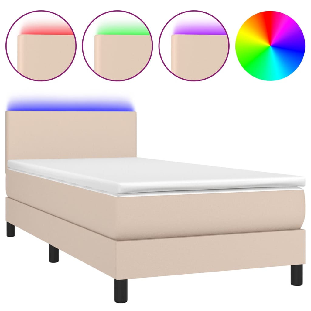 vidaXL Κρεβάτι Boxspring Στρώμα&LED Καπουτσίνο 100x200 εκ. Συνθ. Δέρμα