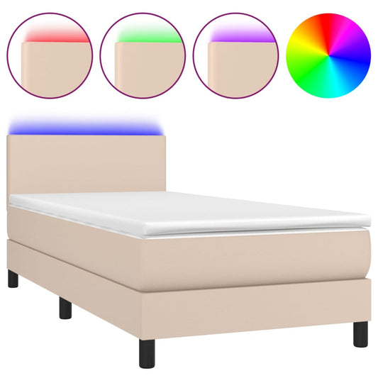 vidaXL Κρεβάτι Boxspring Στρώμα&LED Καπουτσίνο 100x200 εκ. Συνθ. Δέρμα