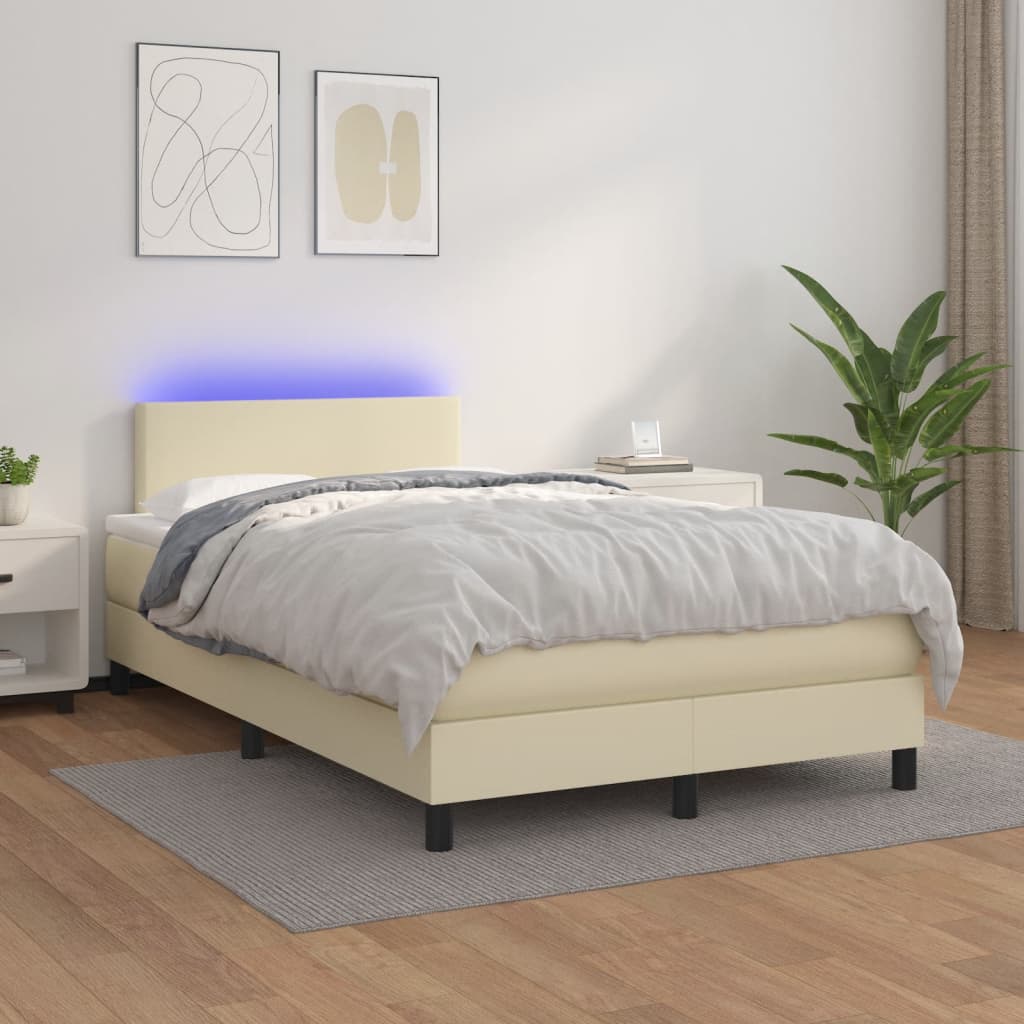 vidaXL Κρεβάτι Boxspring με Στρώμα & LED Κρεμ 120x200 εκ. Συνθ. Δέρμα
