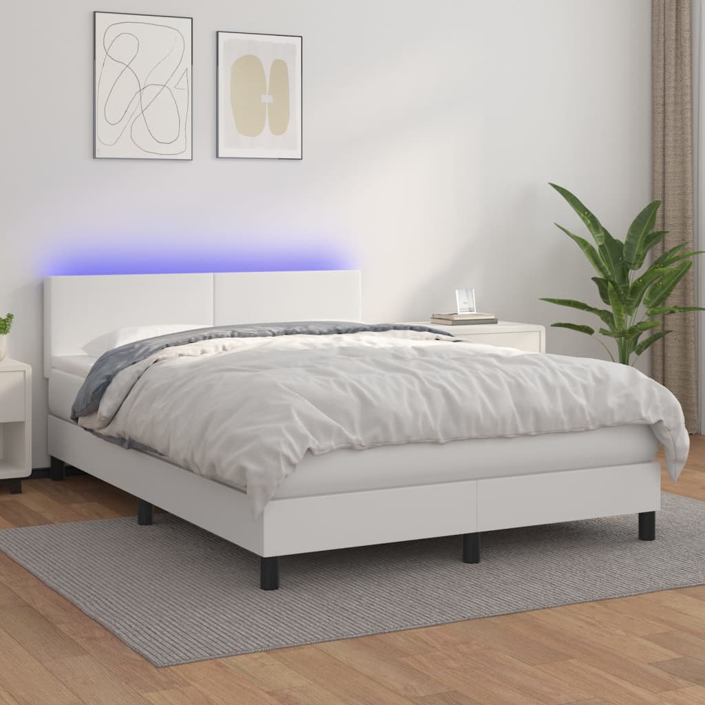 vidaXL Κρεβάτι Boxspring με Στρώμα & LED Λευκό 140x190 εκ. Συνθ. Δέρμα