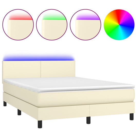 vidaXL Κρεβάτι Boxspring με Στρώμα & LED Κρεμ 140x190 εκ. Συνθ. Δέρμα