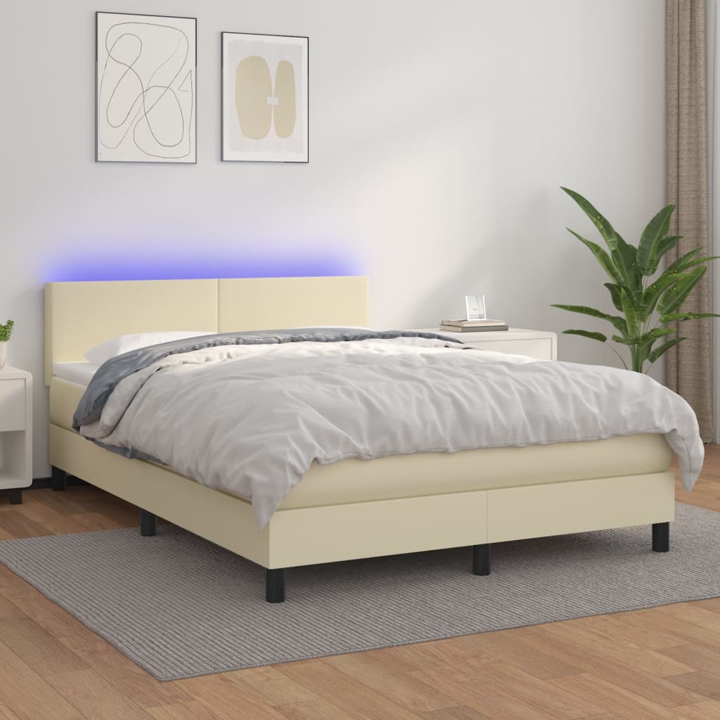 vidaXL Κρεβάτι Boxspring με Στρώμα & LED Κρεμ 140x200 εκ. Συνθ. Δέρμα