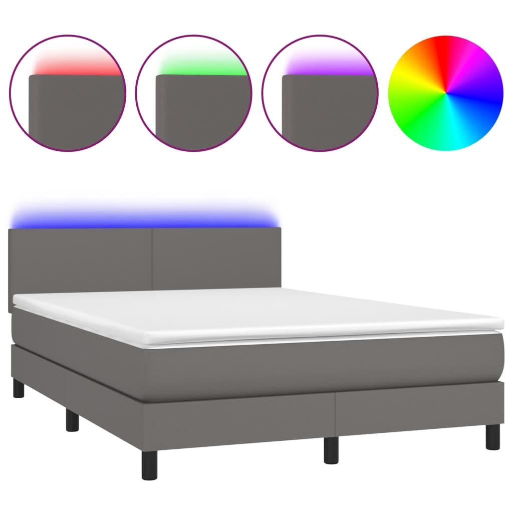 vidaXL Κρεβάτι Boxspring με Στρώμα & LED Γκρι 140x200 εκ. Συνθ. Δέρμα