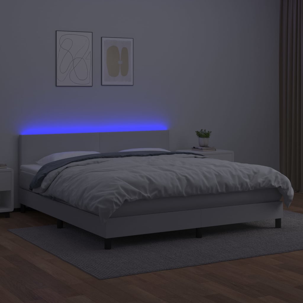 vidaXL Κρεβάτι Boxspring με Στρώμα & LED Λευκό 160x200 εκ. Συνθ. Δέρμα