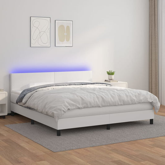 vidaXL Κρεβάτι Boxspring με Στρώμα & LED Λευκό 160x200 εκ. Συνθ. Δέρμα