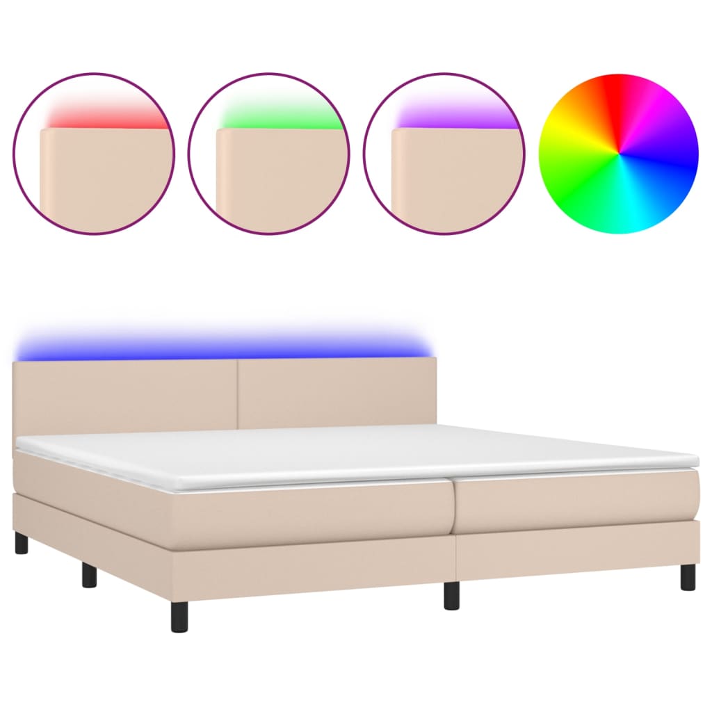 vidaXL Κρεβάτι Boxspring Στρώμα&LED Καπουτσίνο 200x200 εκ. Συνθ. Δέρμα