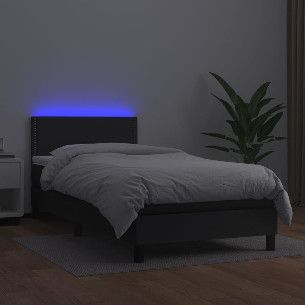 vidaXL Κρεβάτι Boxspring με Στρώμα & LED Μαύρο 90x200 εκ. Συνθ. Δέρμα
