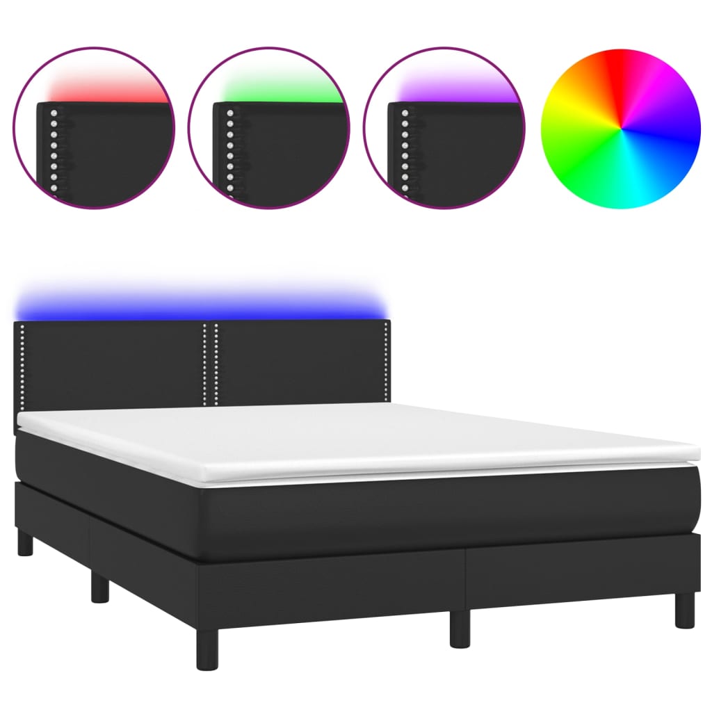 vidaXL Κρεβάτι Boxspring με Στρώμα & LED Μαύρο 140x190 εκ. Συνθ. Δέρμα