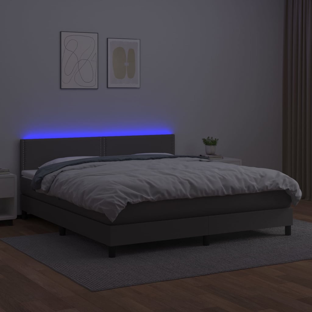 vidaXL Κρεβάτι Boxspring με Στρώμα & LED Γκρι 180x200 εκ. Συνθ. Δέρμα