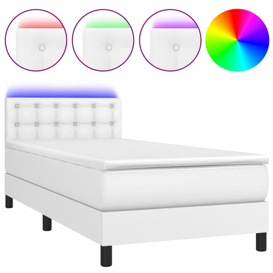 vidaXL Κρεβάτι Boxspring με Στρώμα & LED Λευκό 90x200 εκ. Συνθ. Δέρμα