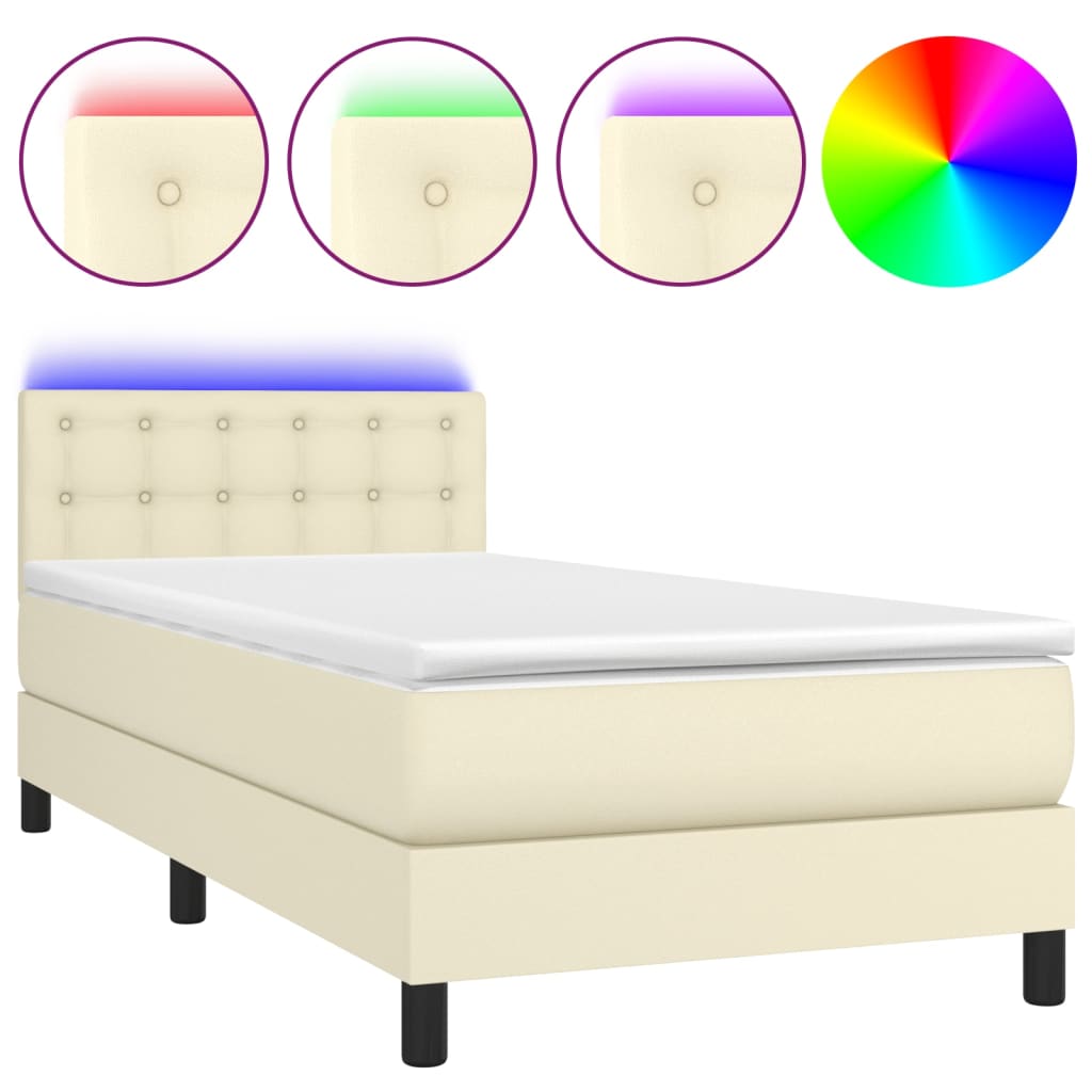vidaXL Κρεβάτι Boxspring με Στρώμα & LED Κρεμ 90x200 εκ. Συνθ. Δέρμα
