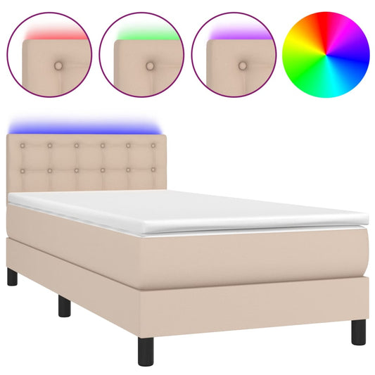vidaXL Κρεβάτι Boxspring Στρώμα&LED Καπουτσίνο 100x200 εκ. Συνθ. Δέρμα