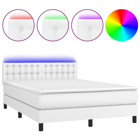 vidaXL Κρεβάτι Boxspring με Στρώμα & LED Λευκό 140x190 εκ. Συνθ. Δέρμα