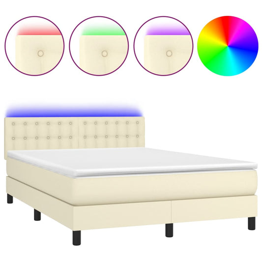 vidaXL Κρεβάτι Boxspring με Στρώμα & LED Κρεμ 140x190 εκ. Συνθ. Δέρμα