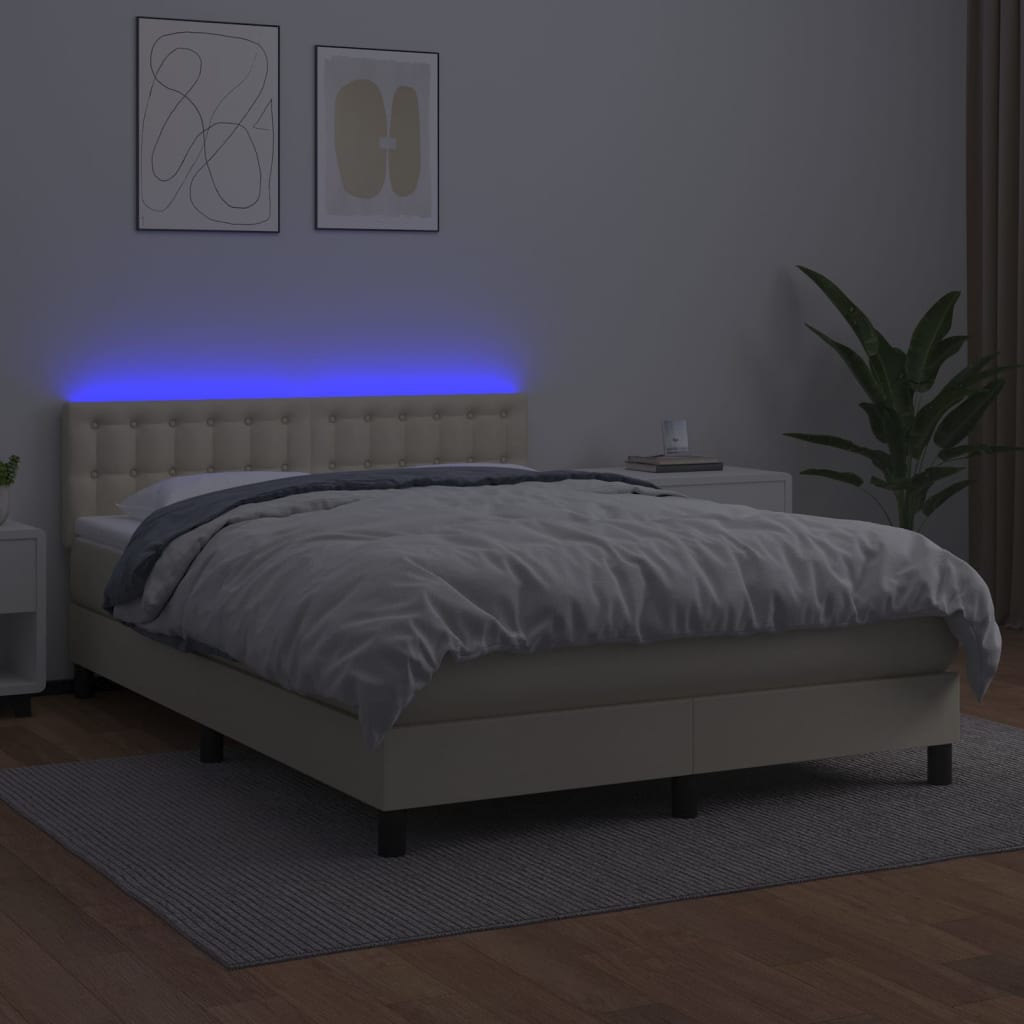 vidaXL Κρεβάτι Boxspring με Στρώμα & LED Κρεμ 140x190 εκ. Συνθ. Δέρμα