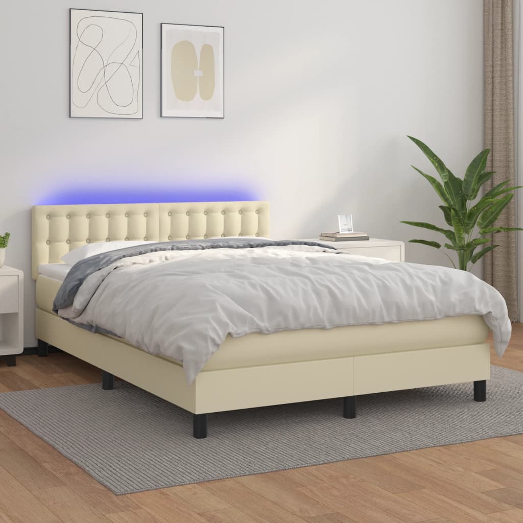 vidaXL Κρεβάτι Boxspring με Στρώμα & LED Κρεμ 140x190 εκ. Συνθ. Δέρμα