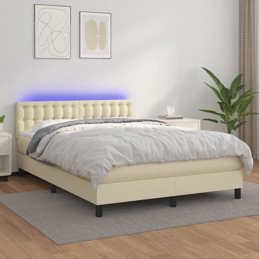 vidaXL Κρεβάτι Boxspring με Στρώμα & LED Κρεμ 140x190 εκ. Συνθ. Δέρμα