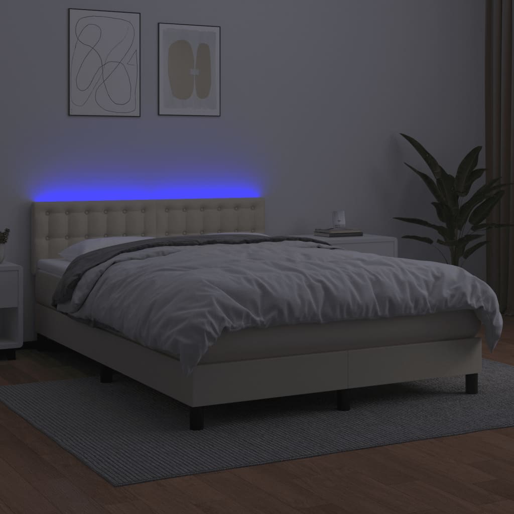 vidaXL Κρεβάτι Boxspring με Στρώμα & LED Κρεμ 140x200 εκ. Συνθ. Δέρμα