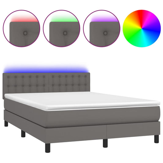 vidaXL Κρεβάτι Boxspring με Στρώμα & LED Γκρι 140x200 εκ. Συνθ. Δέρμα