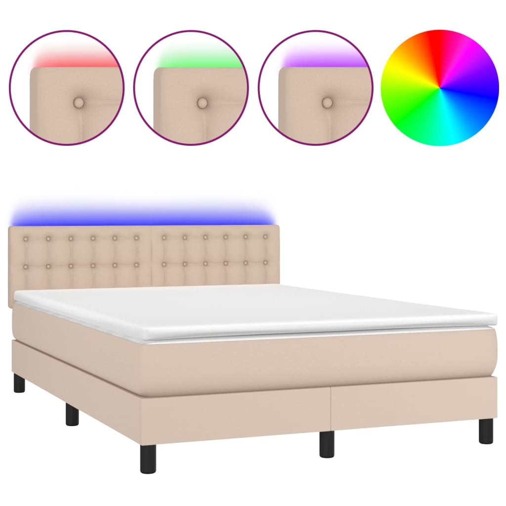 vidaXL Κρεβάτι Boxspring Στρώμα&LED Καπουτσίνο 140x200 εκ. Συνθ. Δέρμα